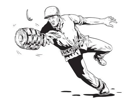 World War Two American Gi Soldier Throwing Hand Grenade Front View Comics S.. Stock Illustration