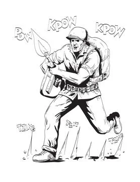 World War Two American GI Soldier with Rifle Comics Style Drawing Stock Illustration