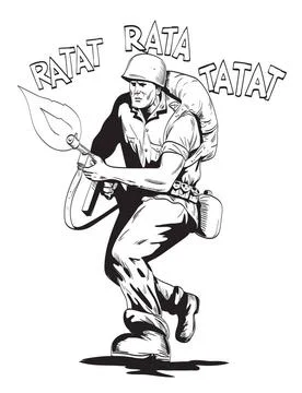 World War Two American GI Soldier Firing Rifle Running Comics Style Drawin... Stock Photos