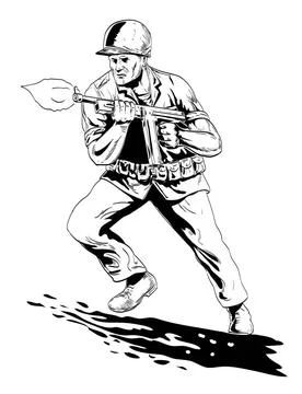 World War Two American GI Soldier Firing Tommy Gun Front View Comics Style... Stock Photos