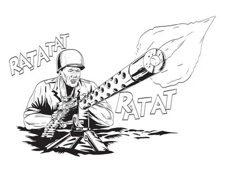 World War Two American Gi Soldier Aiming Firing Machine Gun Front View Com... Stock Photos