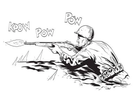 World War Two American Gi Soldier Aiming Firing Rifle in Foxhole Side View... Stock Photos