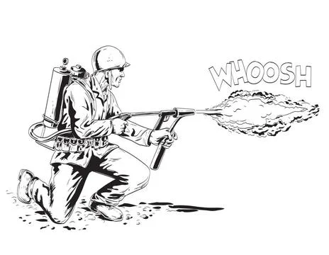 World War Two American GI Soldier Firing M2 Flamethrower Comics Style Draw... Stock Photos