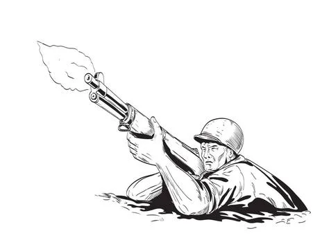 World War Two American GI Soldier Aiming Firing Rifle Front Low Angle View... Stock Photos
