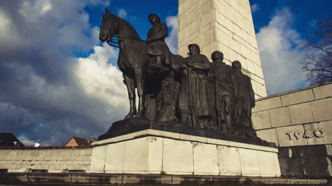 World War Two in Belgium : equestrian memorial, soldiers and King Leopold Stock Footage 104089399