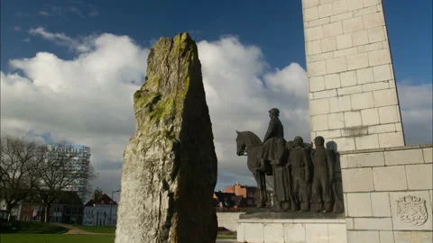 World War Two in Belgium : equestrian memorial, soldiers and King Leopold Stock Footage 104089759