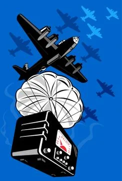 World war two bomber dropping vintage radio on parachute Ilustración de archivo