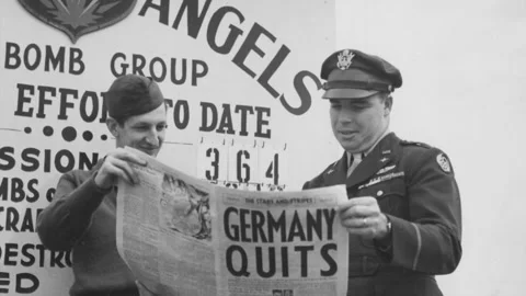 World War Two - Germany Quits Newspaper Headline - VE Day Stock Footage 191299208