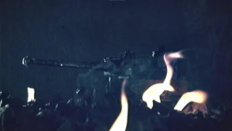 World war two. Reconstruction of a tank battle. German Tank Tiger one Stock Footage 294195095