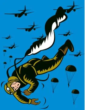 World war two soldier parachuting pulling cord Stock Illustration