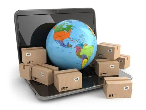 World wide delivering. earth and boxes on laptop. Stock Illustration