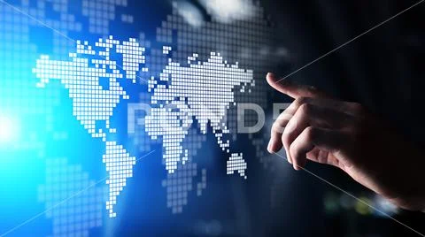 World wide map hologram on virtual screen. Global business and telecommunication Stock Photos