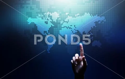 World wide map hologram on virtual screen. Global business and telecommunication Stock Photos