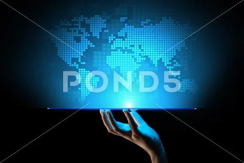 World wide map hologram on virtual screen. Global business and telecommunication Stock Photos