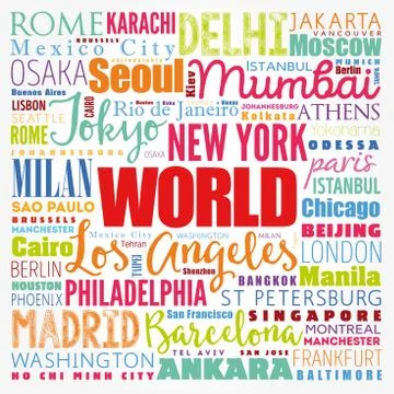 WORLD word cloud concept made with words cities names, business concept backg Stock Illustration