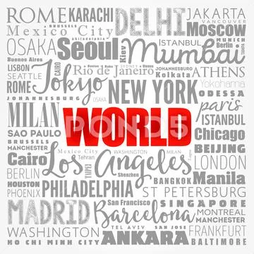 WORLD word cloud concept made with words cities names, business concept ...