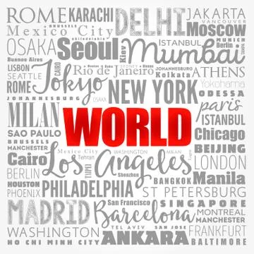 WORLD word cloud concept made with words cities names, business concept backg Stock Illustration