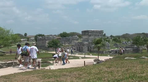 WorldClips-Tulum Temple Tourists Stock Footage 8921723