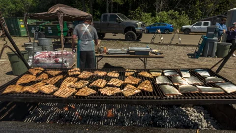 World's Largest Salmon BBQ Barbeque Fort Bragg Crowds People Timelapse Stock Footage 202192062