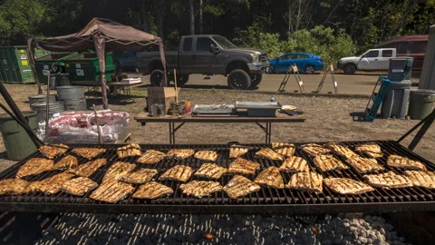 World's Largest Salmon BBQ Barbeque Fort Bragg Crowds People Timelapse Stock Footage 202192808