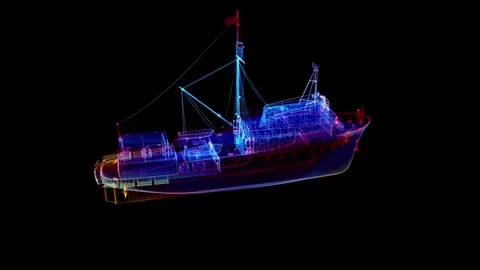 Worldwide cargo ship. Polygonal wireframe mesh Glow particles formation of ship 스톡 동영상 271735602