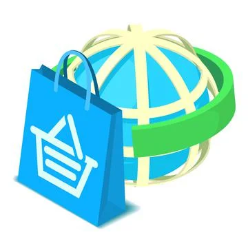 Worldwide delivery icon isometric vector. Shopping bag on globe grid background Stock-Illustration
