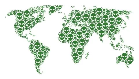 Worldwide Map Mosaic of Alien Face Icons 스톡 일러스트