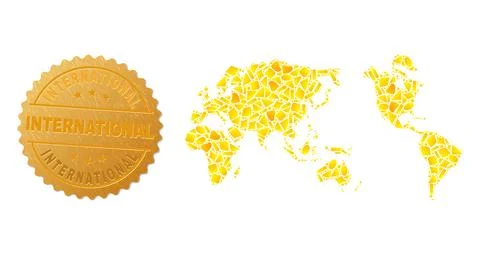 Worldwide Map Mosaic of Golden Elements and Textured International Seal Stamp イラスト素材