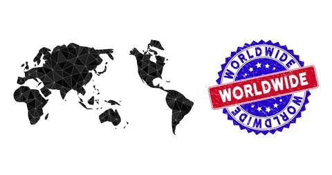 Worldwide Map Triangle Mesh and Grunge Bicolor Watermark 스톡 일러스트