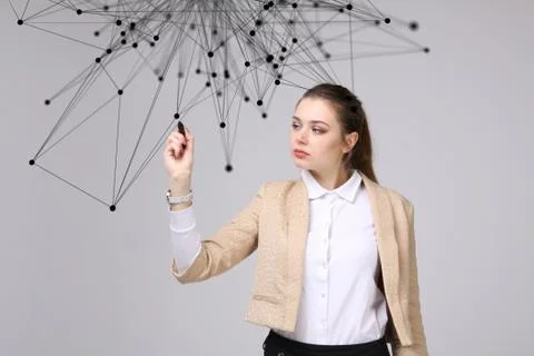 Worldwide network or wireless internet connection futuristic concept. Woman Stock Photos