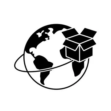 Worldwide parcel delivery vector black icon EPS10. Planet with a flying box Stock Illustration