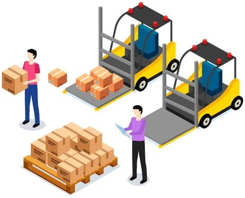 Worldwide sales concept. Worker loading boxes on carrier. Man holding box, put Stock Illustration