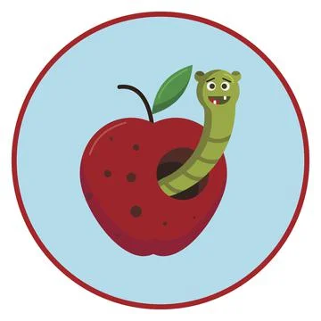 Worm in an apple round sticker label flat design Stock Illustration