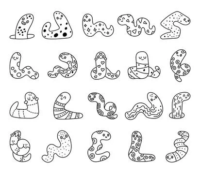 Worm character set in outline line art Stock Illustration