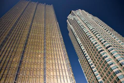 Worm Eye View Captures Bronze And Glass Towers Toronto Canada Stock Photos