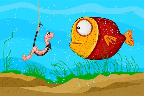 Worm on hook and fish under water.Fish look to earthworm. Stock Illustration