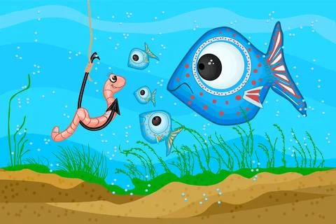 Worm on hook and fish under water. Fish look to earthworm on fishhook. Stock Illustration