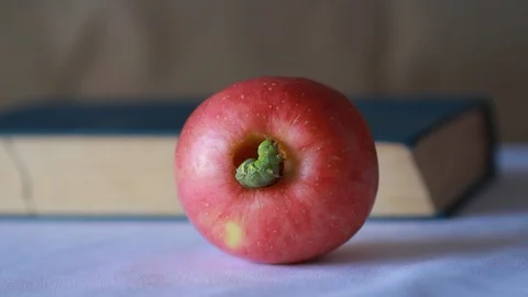 The worm is inside the apple on the vintage book background, Stock Footage 107378423