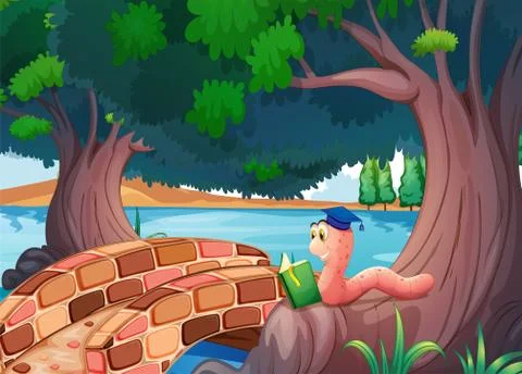 A worm reading a book above the roots of a tree Stock Illustration