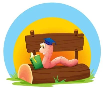 A worm reading a book above a trunk with an empty signage Stock Illustration