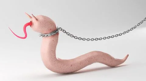 Worm like scary creature design on chain leash, 3d illustration animal charac Stock Illustration