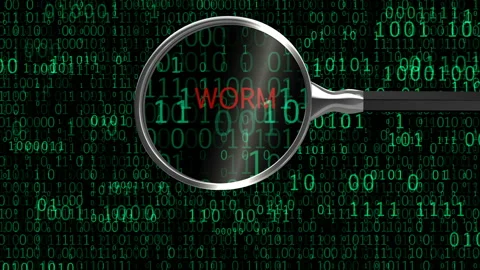 Worm trojan under digital magnifying glass, anti-virus finds malicious code 스톡 동영상 115171197