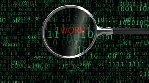Worm trojan under digital magnifying glass, anti-virus finds malicious code Stock Footage 115180010