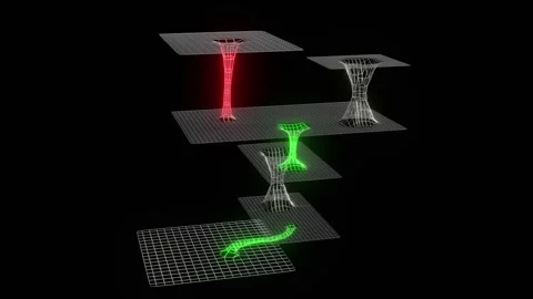 Wormhole network. Connections between lower, higher dimensions. 3d animation. Stockbeeldmateriaal 333285502