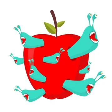 Worms eat red apple. Parasites Pests in fruit Stock Illustration