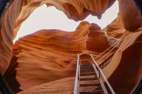 Worm's eye view of beautiful Lower Antelope canyon. A spectacular orange sand 스톡 사진