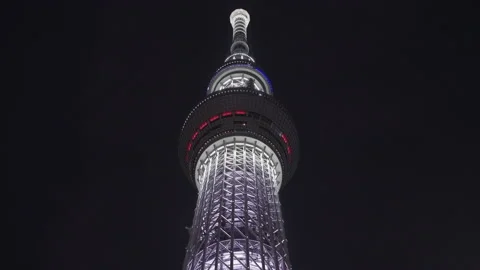 Worm's-eye view footage of the lattice tower Tokyo Skytree at night. Stock Footage 155253274