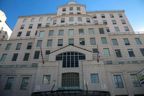 Worm's eye view of Miracle Mile hotel with a clear blue skies Stock Photos