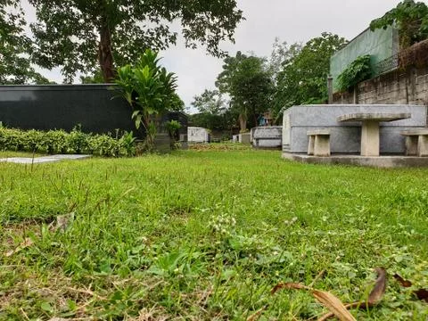 Worm`s eye view shot inside memorial park. Wide,  tombs visible in background. Stockfoto's