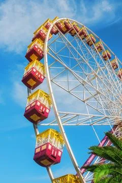 Worms eye view of a tall Ferris wheel Stock Photos